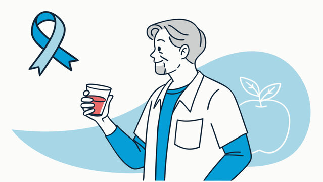Doctor holding blood sample with blue awareness ribbon representing medical testing, healthcare support and disease prevention on white background