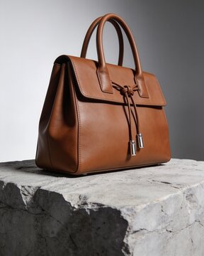 Elegant brown leather handbag resting on rugged stone surface with dramatic lighting