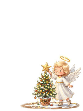 Cute angel placing a golden star onto a miniature Christmas tree located in one corner, large clean white background remaining for text.
