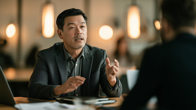 An Asian manager conducting a salary negotiation discussion with an employee, waist-up shot at a desk, documents and laptop visible, warm office light, candid business photography