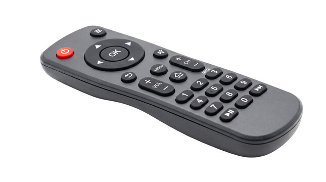 Dark gray multimedia remote control device with numerous buttons, professionally isolated on a transparent background for technology applications.