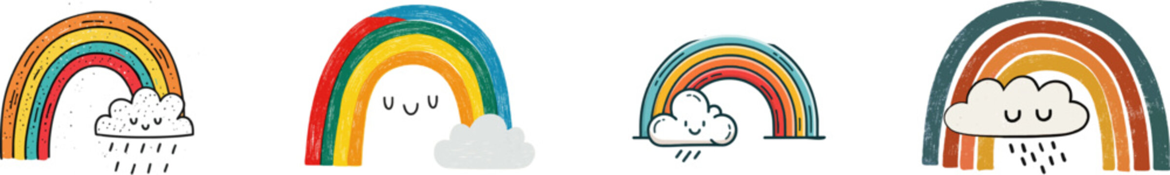 A charming Scandinavian-style rainbow with a smiling rain cloud is depicted against a pristine white backdrop