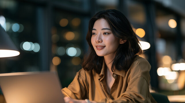 An Asian HR manager explaining a new performance management system on a laptop, medium shot, modern office bokeh background, realistic photo