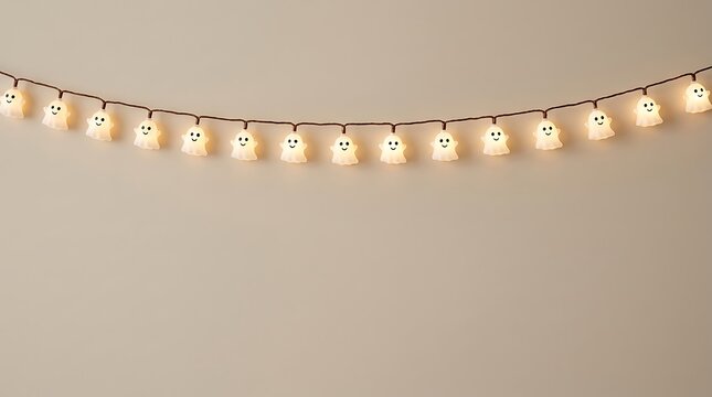 A string of glowing ghost shaped lights hanging against a plain wall for a fun and spooky halloween party home decoration
