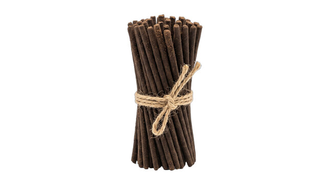 Dark brown aromatic incense sticks tightly bundled, rustic twine securing isolated studio product against transparent background, ready commercial license.