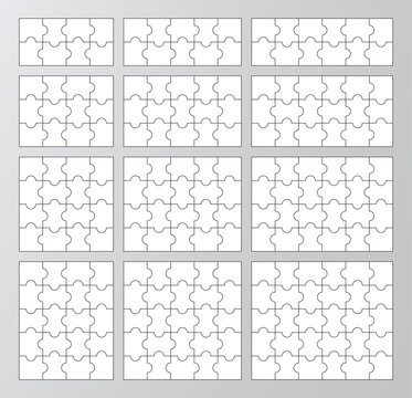 Jigsaw grid set. Process puzzles diagram presentation. 12 infographics collection. Business chain infographic. Business info graphic with steps, parts. Vector illustration