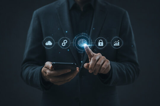 Business professional selecting artificial intelligence brain interface with cloud automation security and analytics icons while using smartphone for digital transformation strategy planning