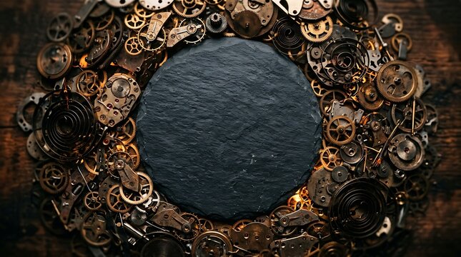 A mystical circular portal surrounded by intricate mechanical gears and dark metallic elements perfect for a spooky and mysterious halloween background design