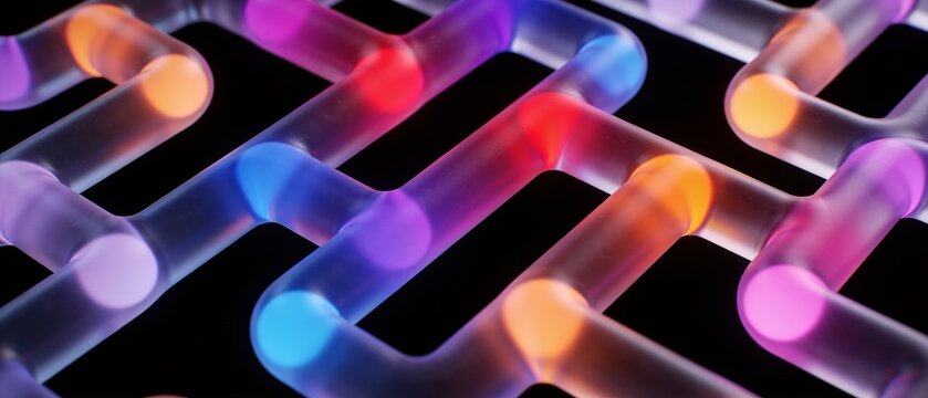 Vibrant neon digital maze with glowing interconnected pathways and colorful light trails