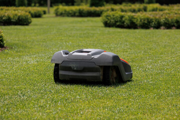 Robotic lawn mower cuts grass autonomously in a residential garden during daytime. Smart technology assists in lawn care.