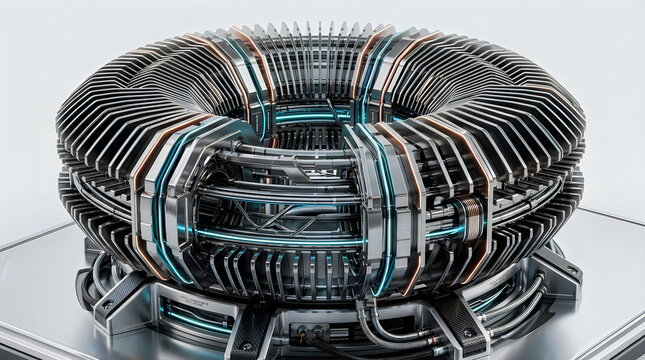 Futuristic metallic torus shaped machine with glowing green lights in a high tech laboratory
