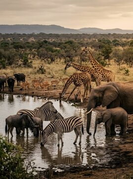 African wildlife gathering at a watering hole including elephants giraffes zebras and buffalo