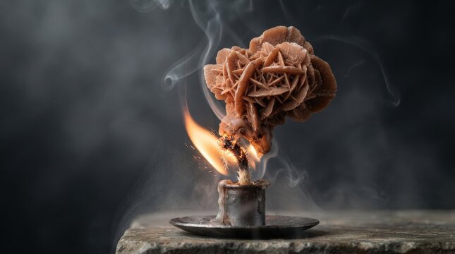 Desert rose crystal formation burning on a candle stand