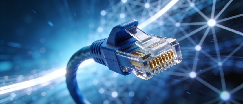 Futuristic Ethernet cable glowing with digital network connections against cosmic background