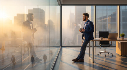 Fototapeta premium Golden light bathes modern office space. AI generated .