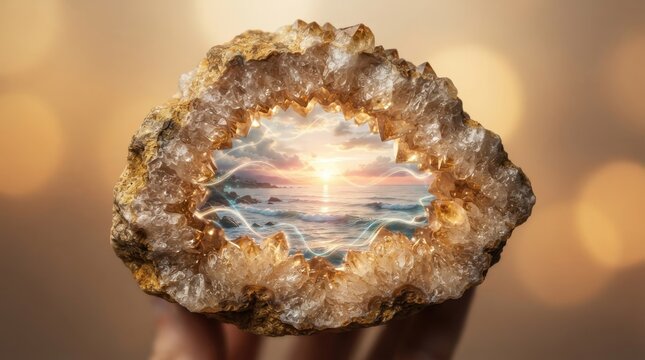 Citrine geode with fantasy ocean sunset inside