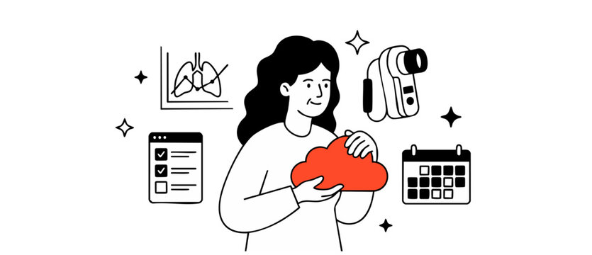 Healthcare cloud data management illustration showing woman holding cloud icon near lungs graph spirometer calendar checklist line art concept for digital respiratory medical record app system stock