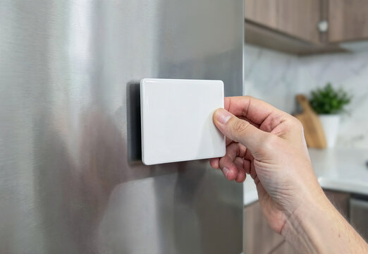 Blank rectangle souvenir magnet on refrigerator door mockup, ai generated. Magnetic gift attached on steel door by hand in modern kitchen. For custom printing, sublimation, travel and promo branding.