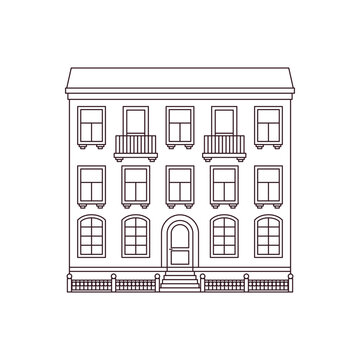 Line art flat design. Outline houses isolated on white background. Building icon. Sketch of urban residential architecture. Linear vector illustration.