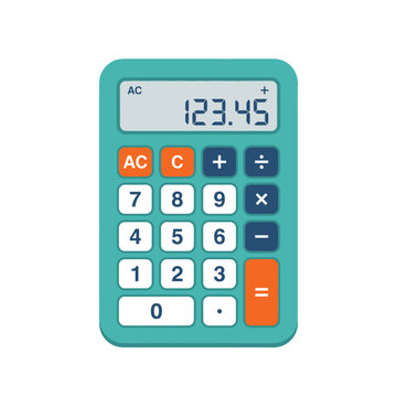 Teal calculator with numeric keypad and display screen flat vector silhouette screen buttons arithmetic mathematics computing device