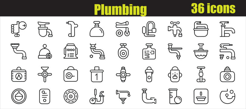 Plumbing Icon Set &ndash; Pipe and Water System Line Vector Icons