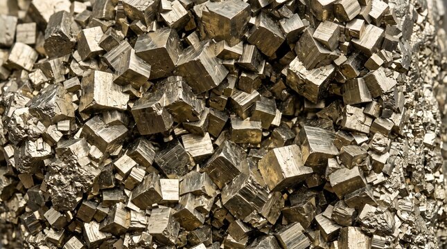 Shiny gold iron pyrite cubes stacked together creating a natural mineral crystal texture