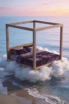 Floating wooden frame bed suspended over ocean waves at sunset