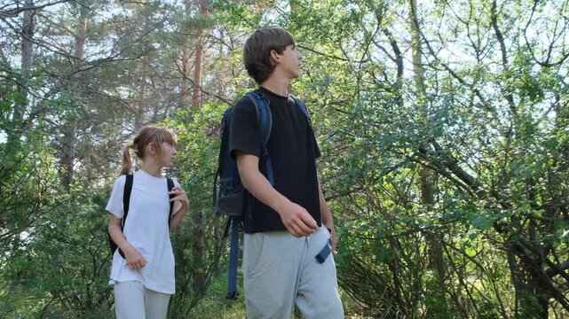 Young boy and girl get lost in the forest, walking through unfamiliar terrain with anxious expressions. Danger of children hiking without adults. Missing person search and volunteer rescue.