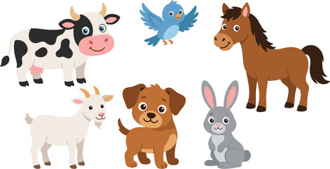 Obraz premium Cute Cartoon Farm Animals and Domestic Pets Collection Featuring Cow Blue Bird Horse Goat Puppy Dog and Gray Rabbit for Kids Book Graphic Illustrations