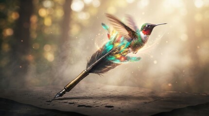 Fototapeta premium Hummingbird transforming into a fountain pen writing on paper