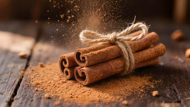 Macro close up of cinnamon sticks dusting with ground spice powder on a rustic table