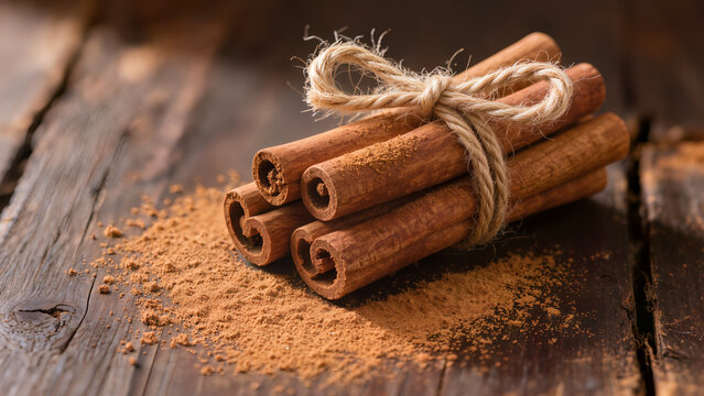 Macro close up of cinnamon sticks dusting with ground spice powder on a rustic table