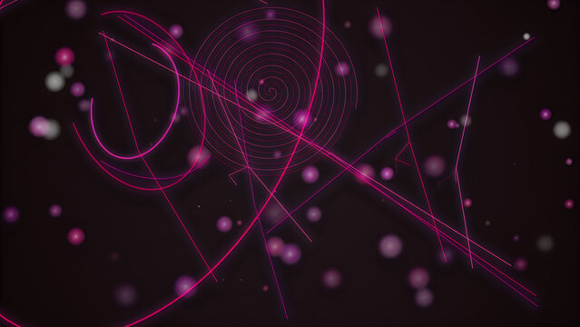 Bright pink and purple laser light beams swirling in dark space