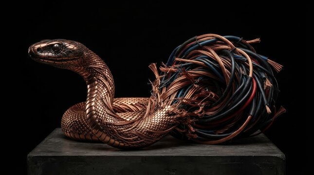 Sculpture of a snake made from electrical wiring and copper cables