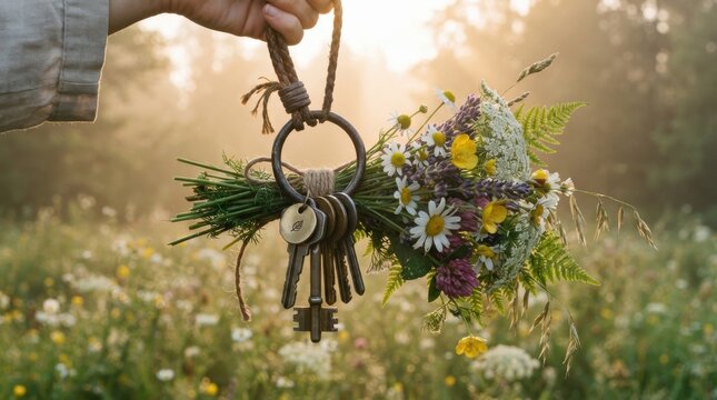 Hand holding antique keys with a wildflower bouquet