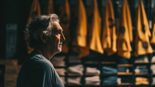 Mature man looking at clothes hanging on rack in retail store. Clothing store manager or customer browsing garment collection. Fashion industry business, retail shopping and style concept.