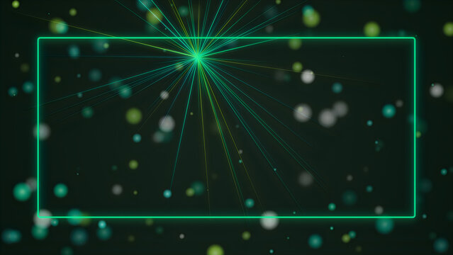 Green light rays bursting from central bright dot on black background