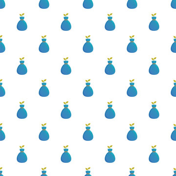 Blue bags with yellow plant sprouts creating a repeating seamless pattern