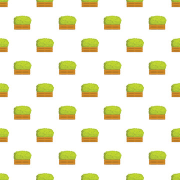 Repeating flat illustration of green bushes in square planters on a white background