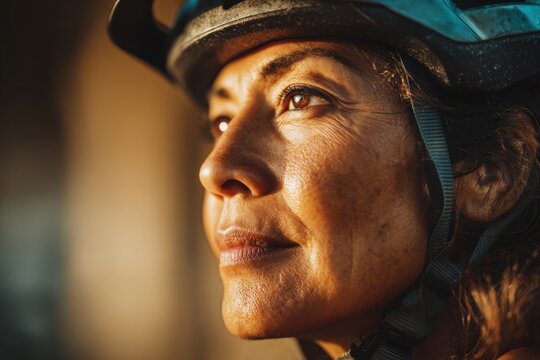 Woman cyclist wearing helmet looking away. Portrait of active middle aged woman athlete enjoying outdoor sport. Healthy lifestyle, adventure, retirement and wellness training concept.