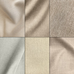 Neutral beige fabric texture background collage set, featuring woven cotton, linen, canvas, herringbone, and organic textile patterns for interior design, fashion, craft, and backdrop mockup. © WONGSAKORN