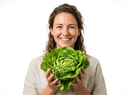 A happy young woman holding a fresh head of green lettuce in her hands while smiling at the camera against a white background
