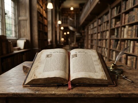 An open antique book with magical alchemy diagrams resting on a wooden table inside a dimly lit vintage library with rows of bookshelves