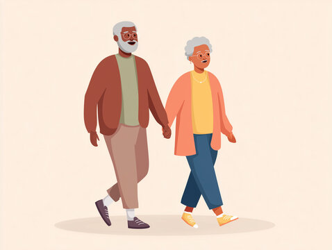 Ederly couple walking together outdoors, active aging and healthy lifestyle illustration