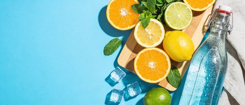 Fresh citrus fruits and ice cubes arranged with a water bottle on a vibrant blue background