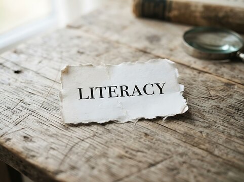 A small piece of torn white paper with the word literacy printed on it resting on a rustic wooden table with a magnifying glass