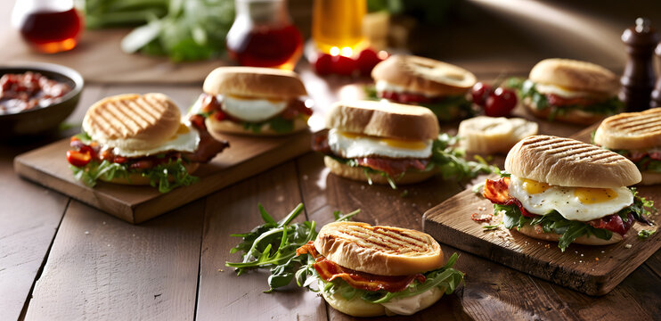 Creative food template. Rows of grilled Panini sandwich bread with egg, spinach herbs, bacon and coffee on wooden serving board table. copy text space. long banner