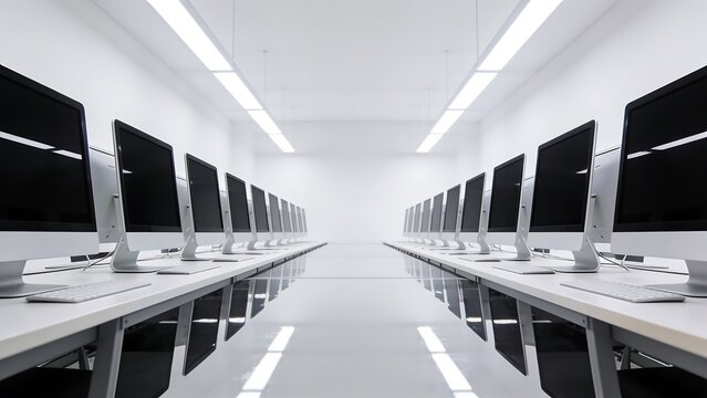 Empty Modern Computer Lab with Rows of Desktop PCs