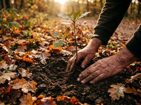 Hands planting small oak sapling in autumn forest soil.