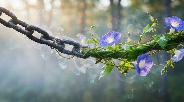 Metal chain connected to a blooming vine with morning glory flowers